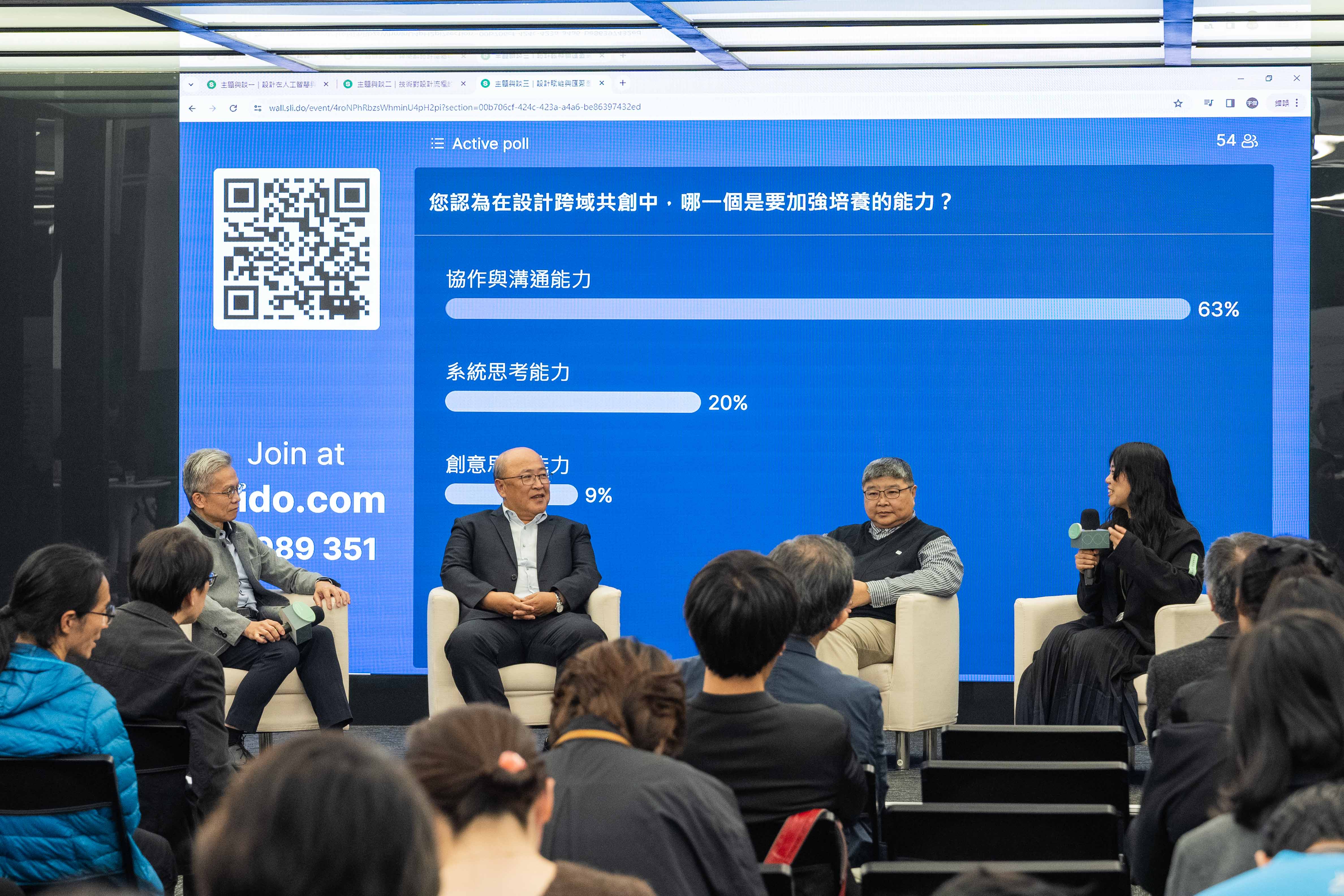 圖十一、互動與談討論現場參與者認為應優先加強培養的跨域共創能力。與談人 (左起) 微星科技研發本部工業設計中心卓有信協理、大同大學吳志富副校長。(資料來源：台灣設計研究院)